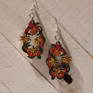 Hand Painted Laser Cut Flower Oval Earrings – Colorful Boho Dangle Jewelry